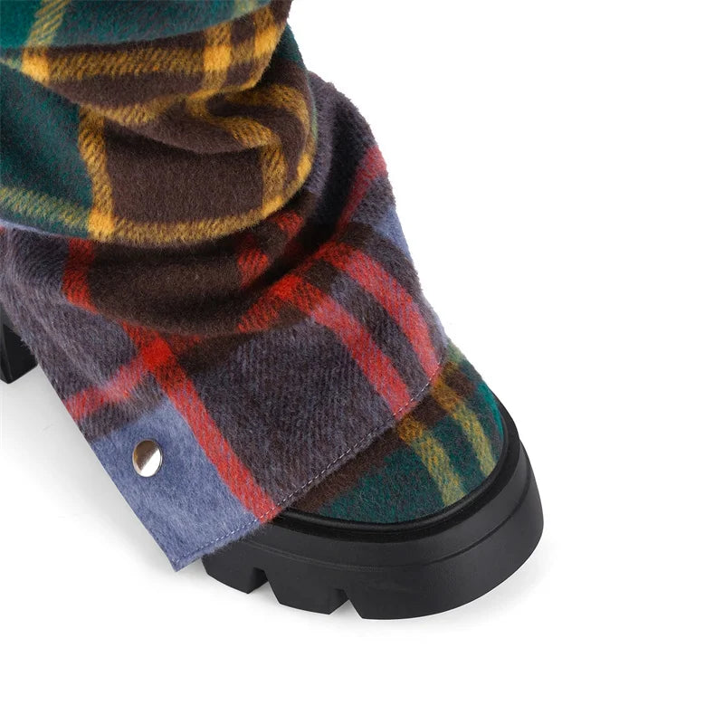 Plaid Platform Block Heel Pull-on Boots