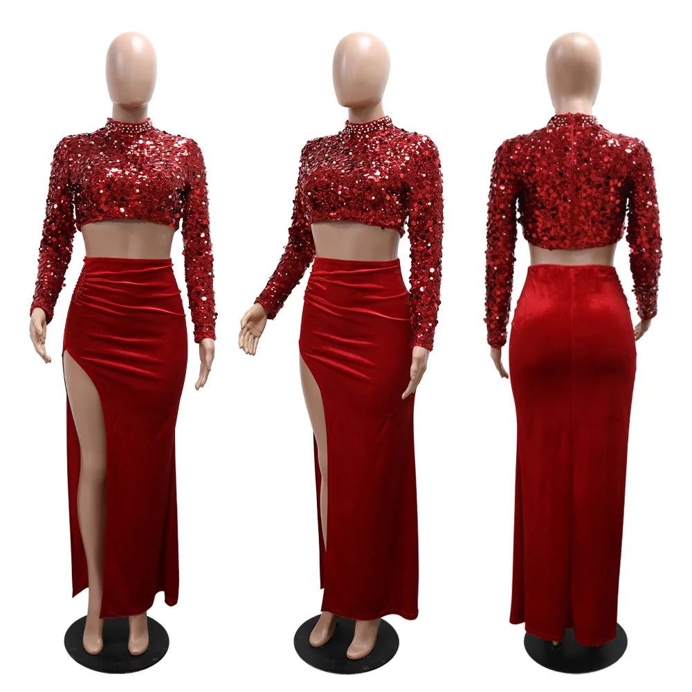 Sequin Velvet Elegant Crop Skirt Set.