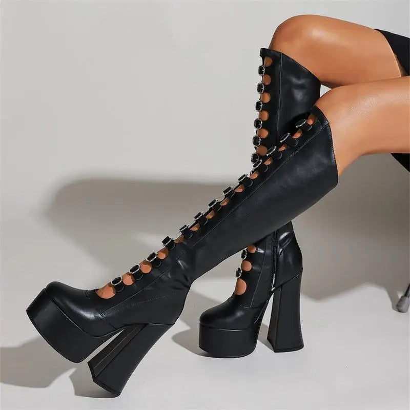 Punk Style Knee High Hollow Boots.