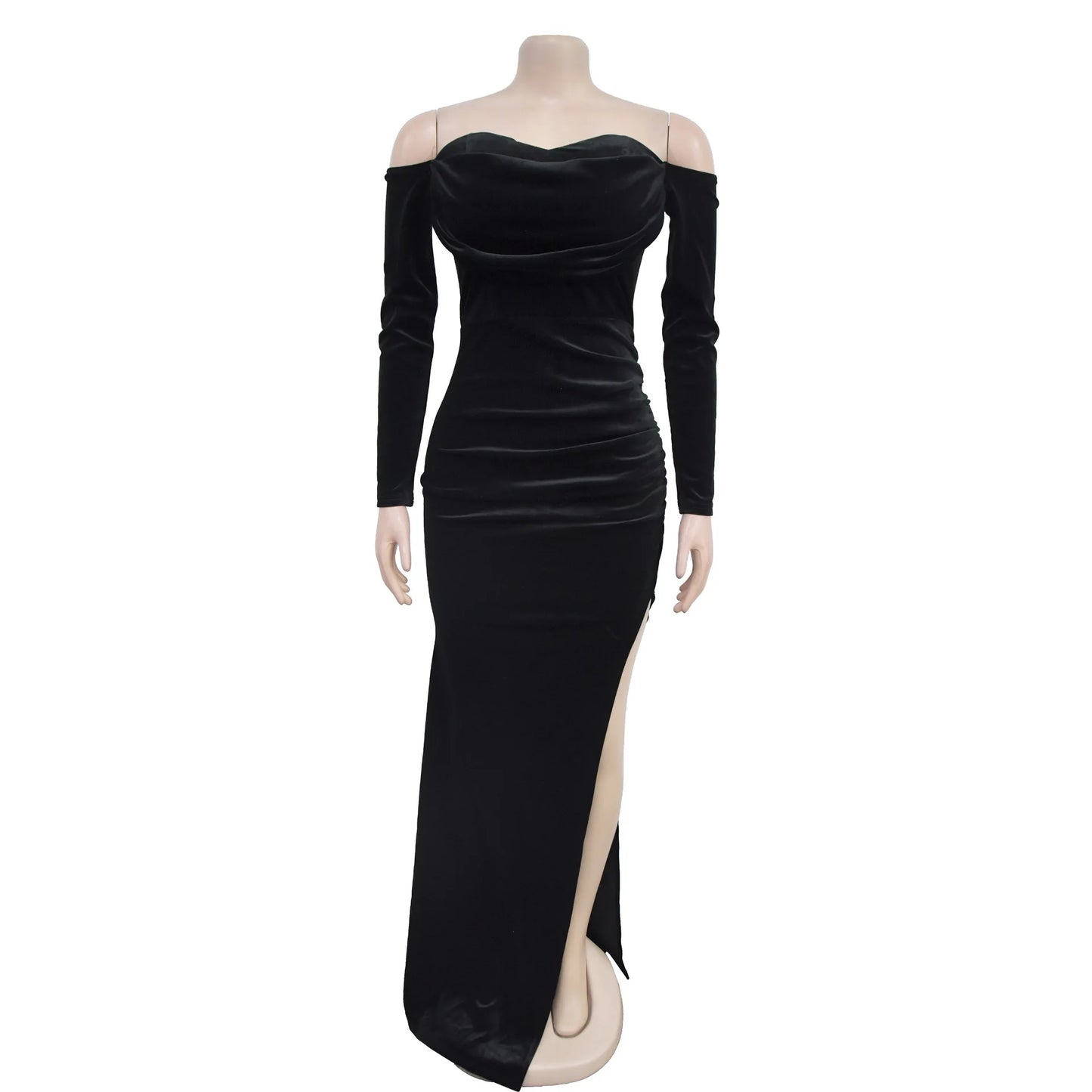 Velvet Off Shoulder Bodycon Maxi Dress.