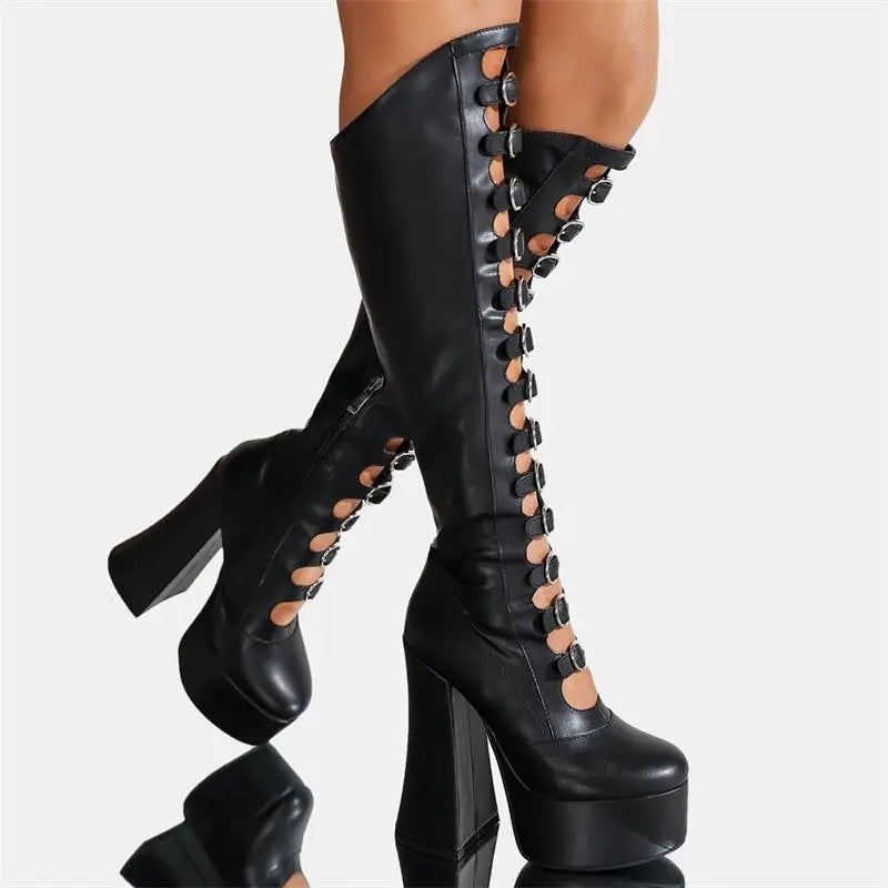 Punk Style Knee High Hollow Boots.
