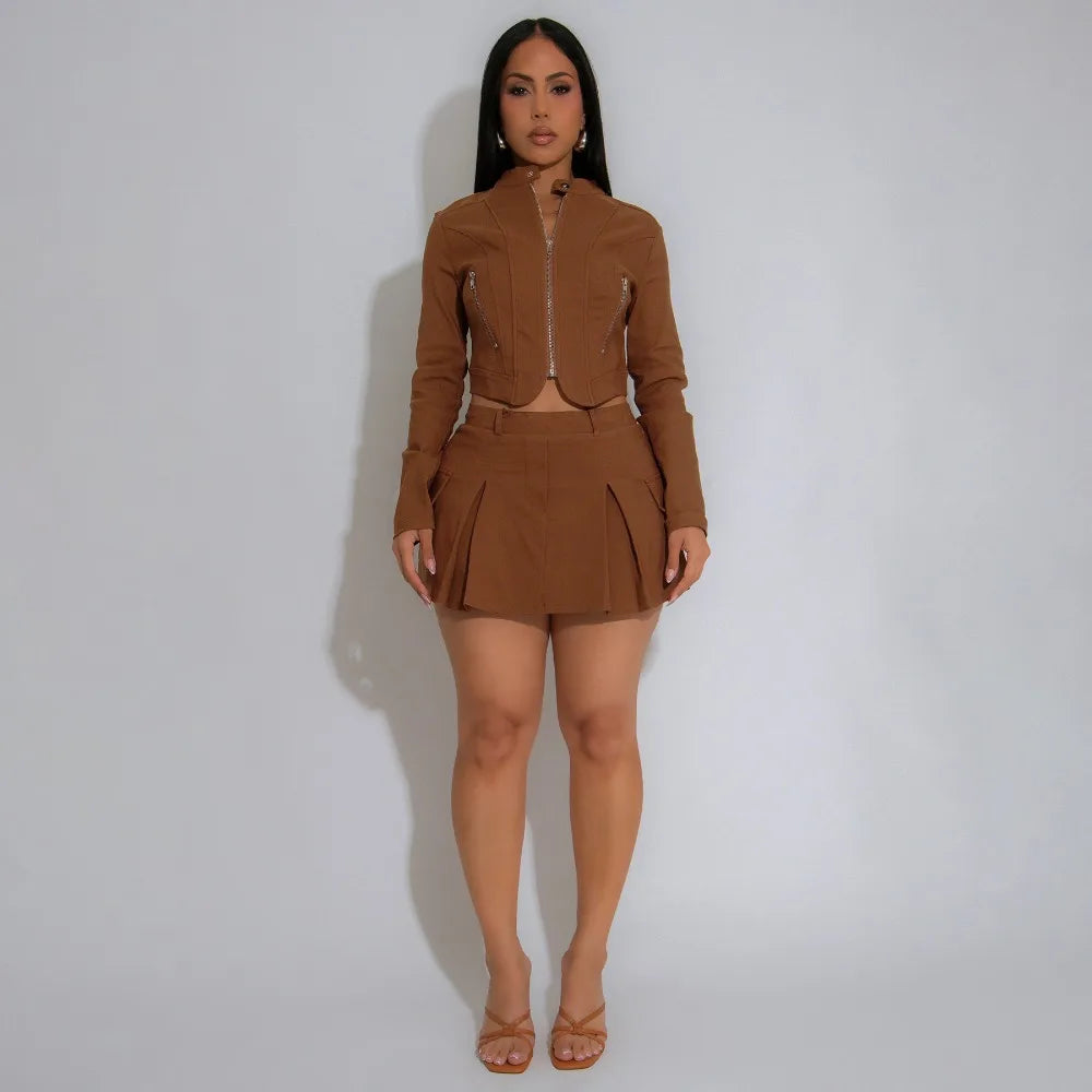 Casual Zipper Jacket Top + Pleated Skirt Set