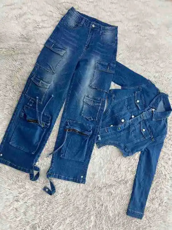 Denim Cropped Two-Piece Pant Set.
