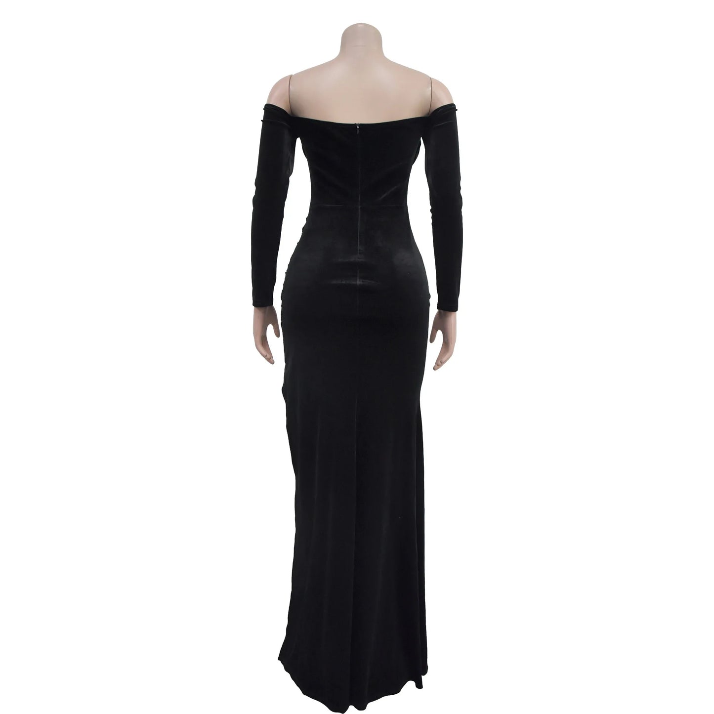 Velvet Off Shoulder Bodycon Maxi Dress.