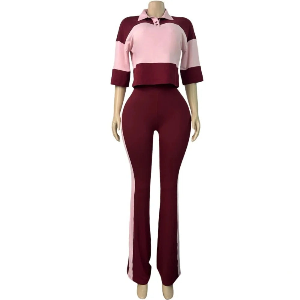Color Block High Waist Flare Pants Set