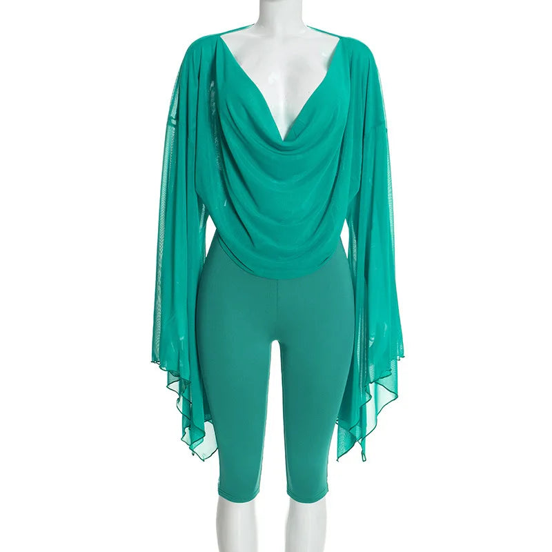 Mesh V-Neck Flare Sleeve Two-piece Set