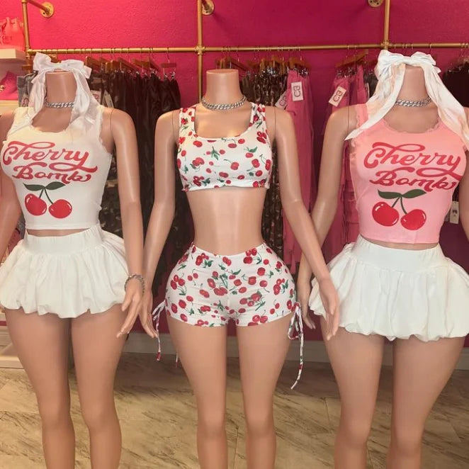 Cherry Tank Top Mini Pleated Skirt Set