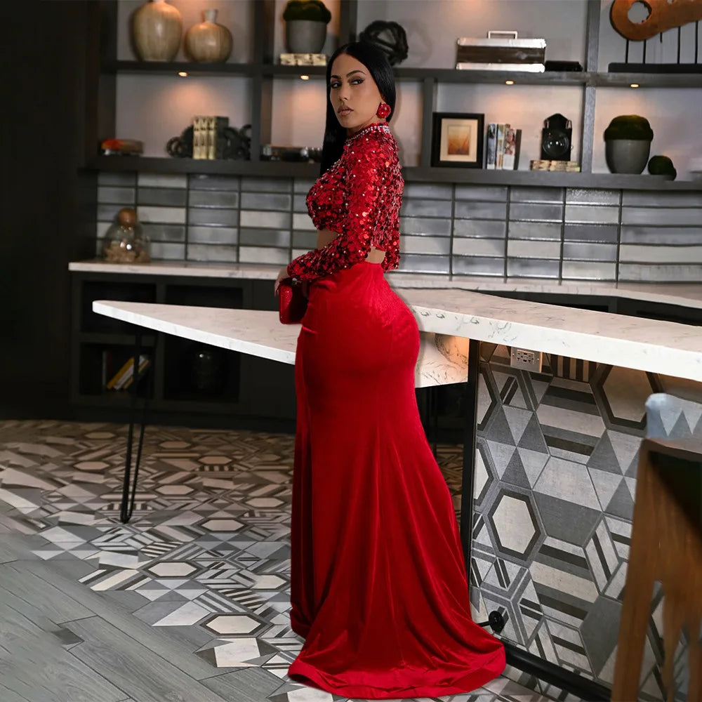 Sequin Velvet Elegant Crop Skirt Set.