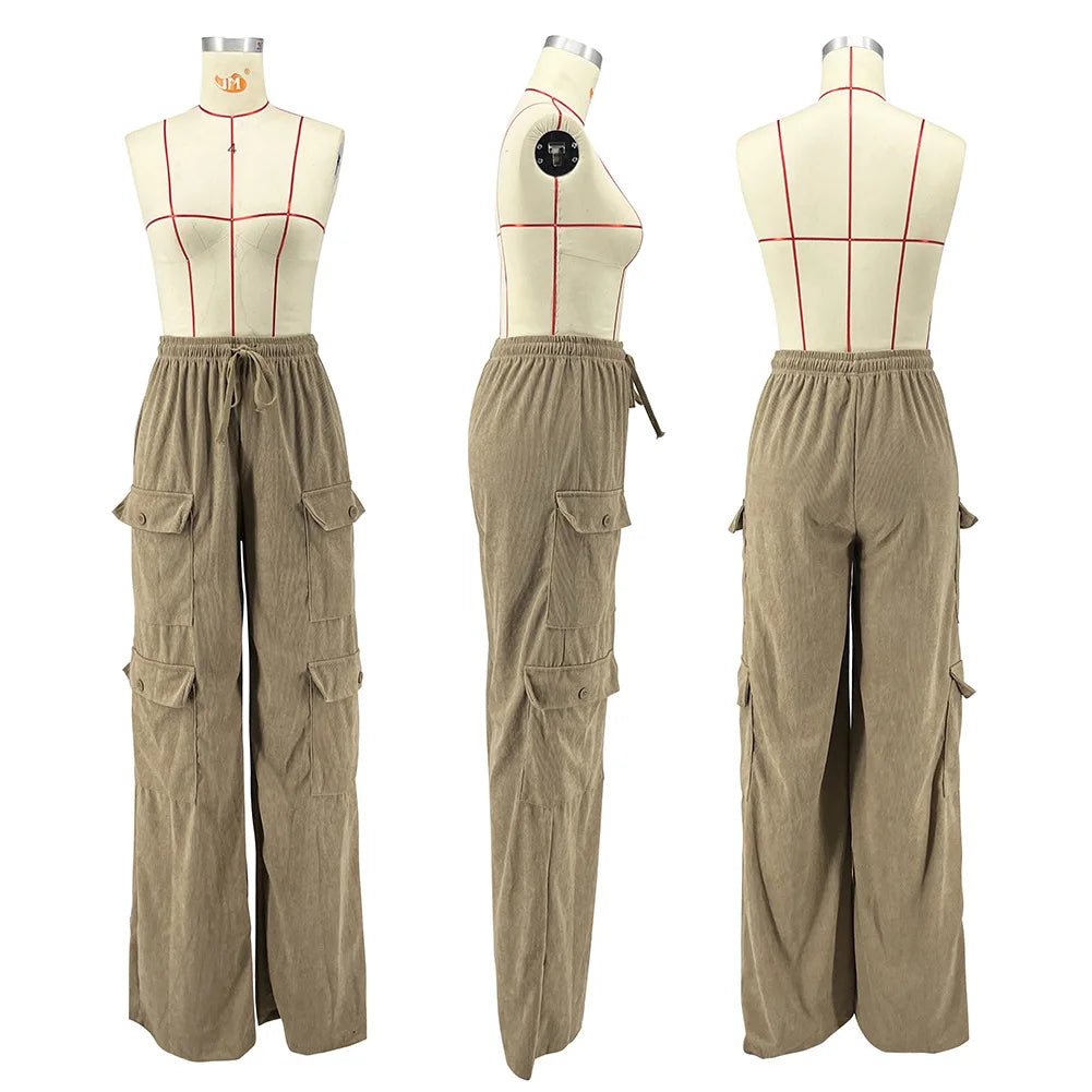 Terry Cargo High Waist Wide Leg Pants