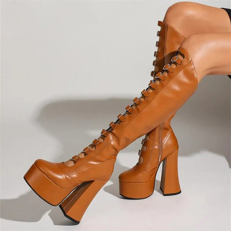 Punk Style Knee High Hollow Boots.