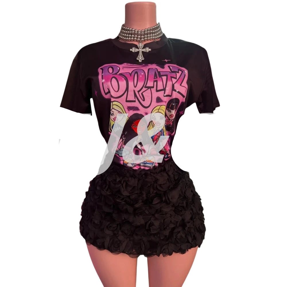 Pattern Print Top + Fur Mini Skirt Set