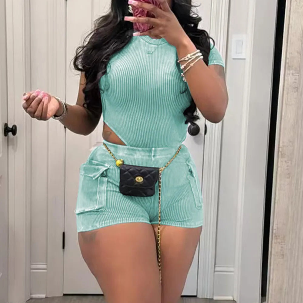 Stretchy Bodysuit Pockets Short Set
