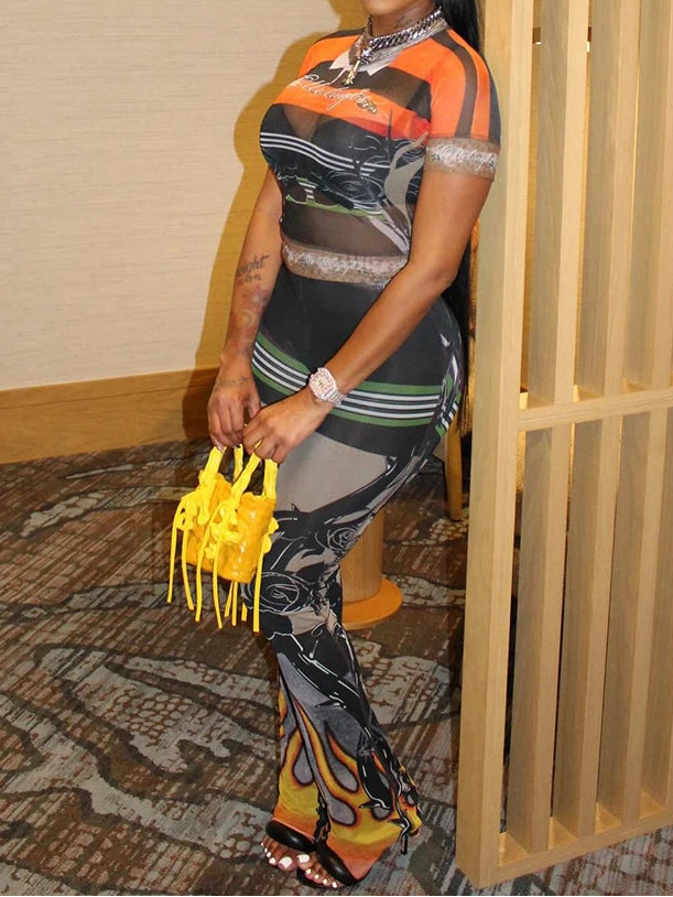 Mesh See-through Flame Print Set