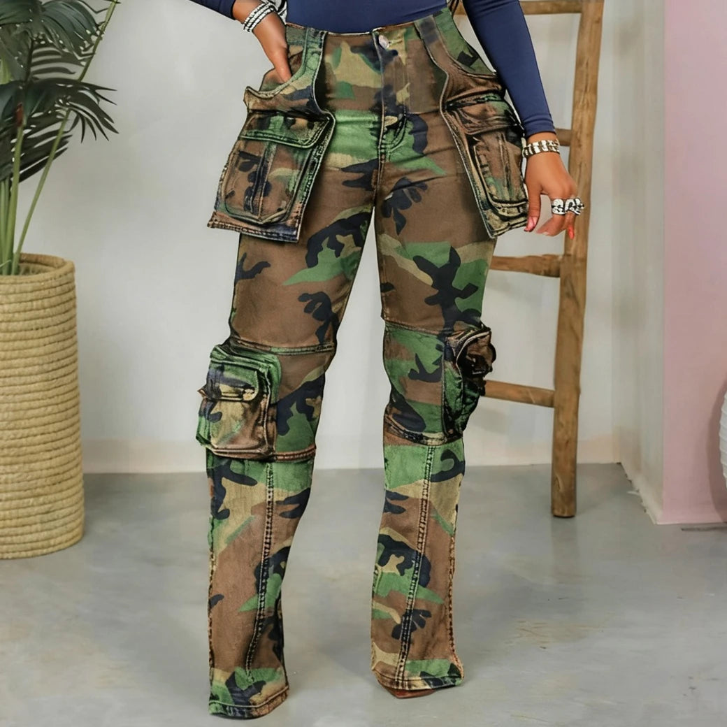 Camouflage cargo pants worn by a person standing on a chair against a neutral background.