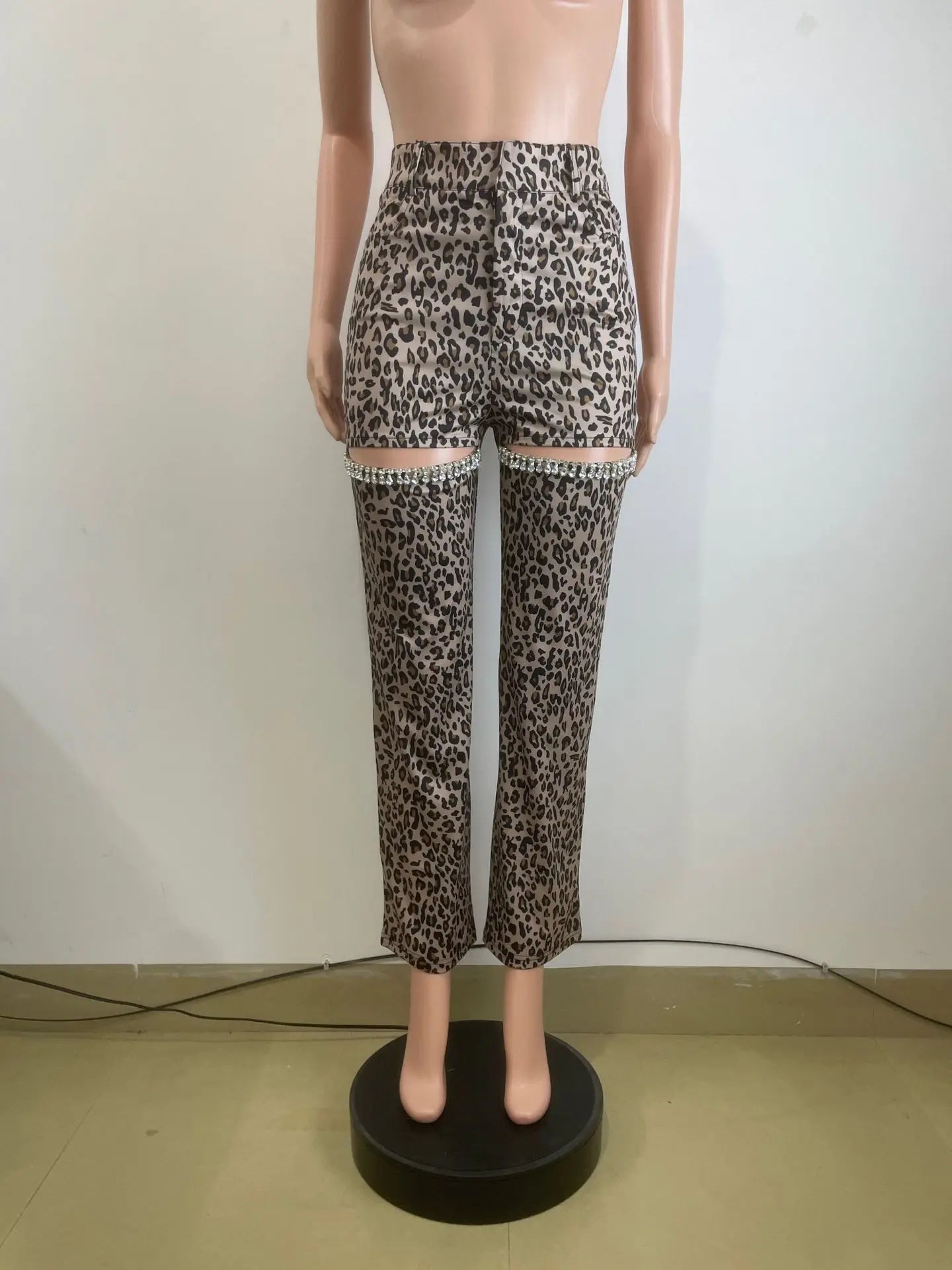 Cutout Crystal Leopard Print High Waist Jeans.