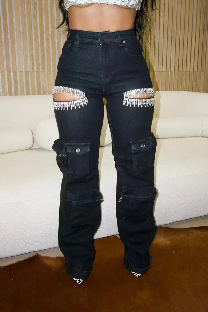 Tina Retro Rhinestone Cargo Pocket Jeans.