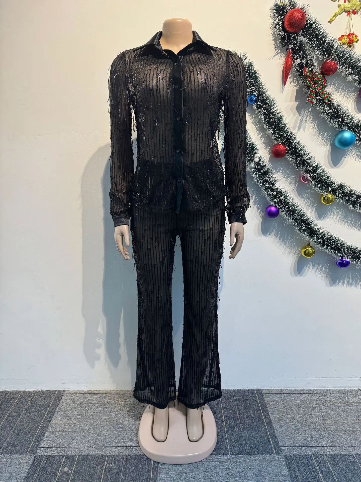 Fringe Sequin Two-Piece Pant Set