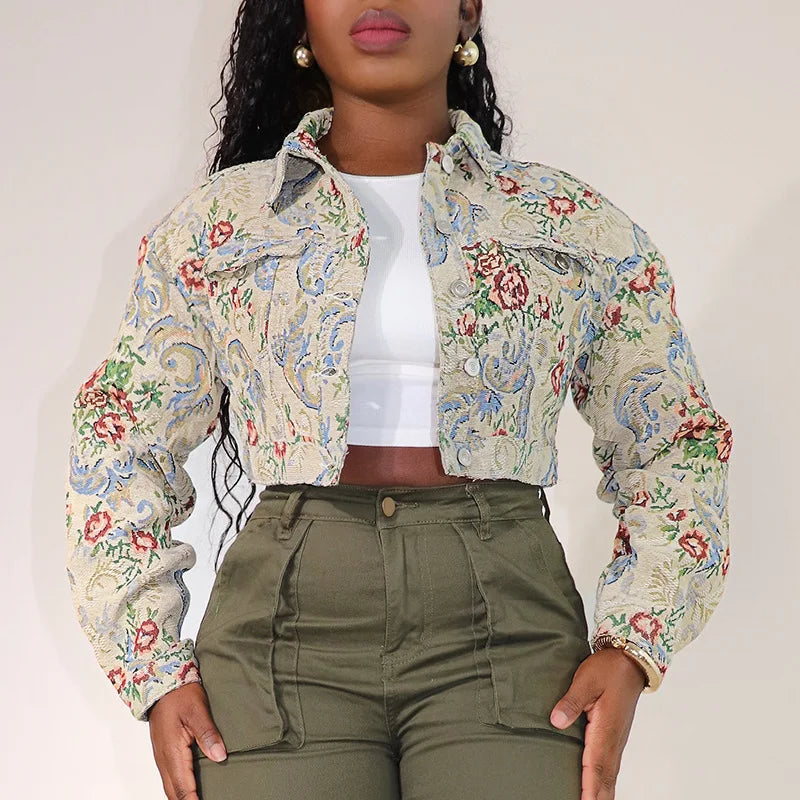 Vintage Floral Print Crop Jacket