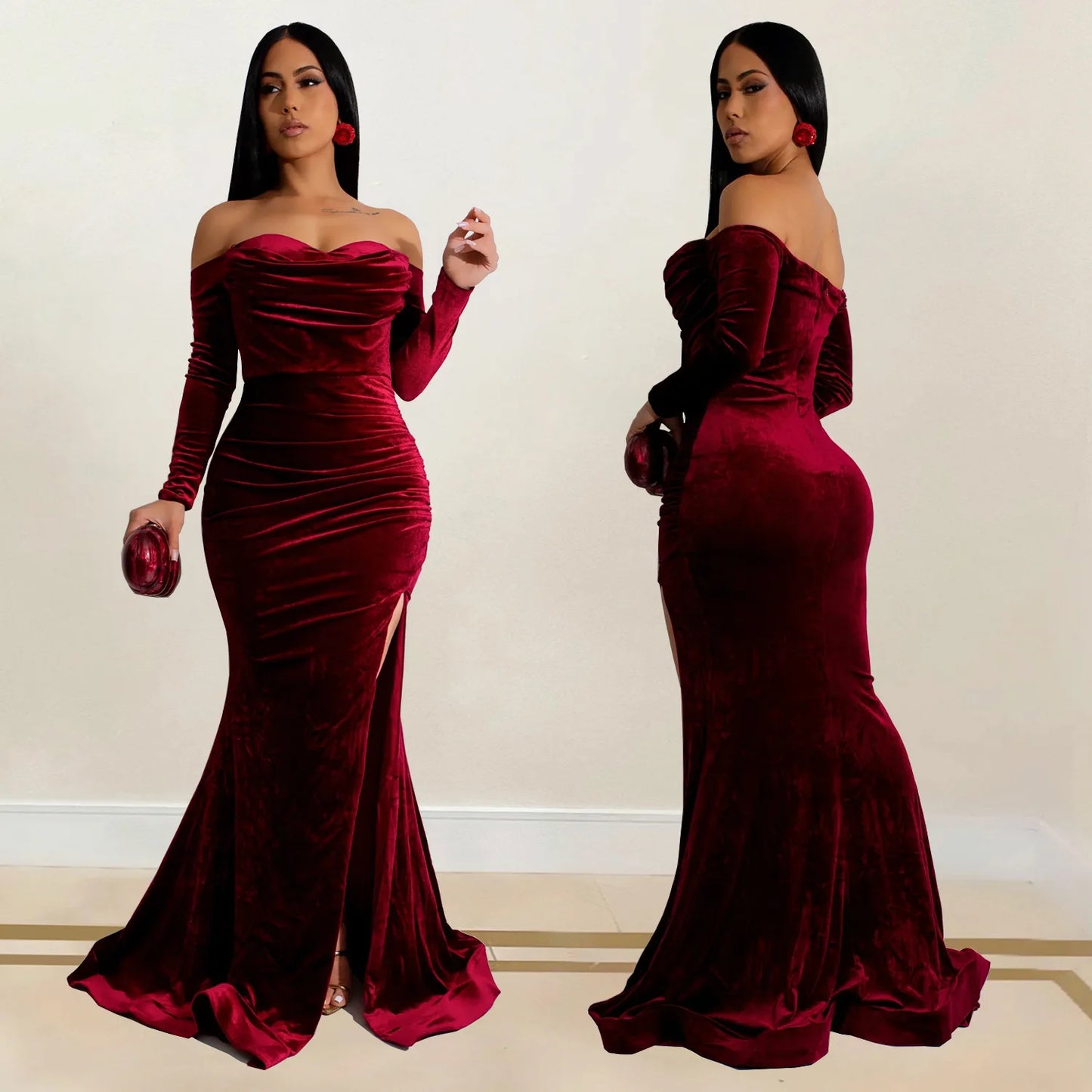 Velvet Off Shoulder Bodycon Maxi Dress.