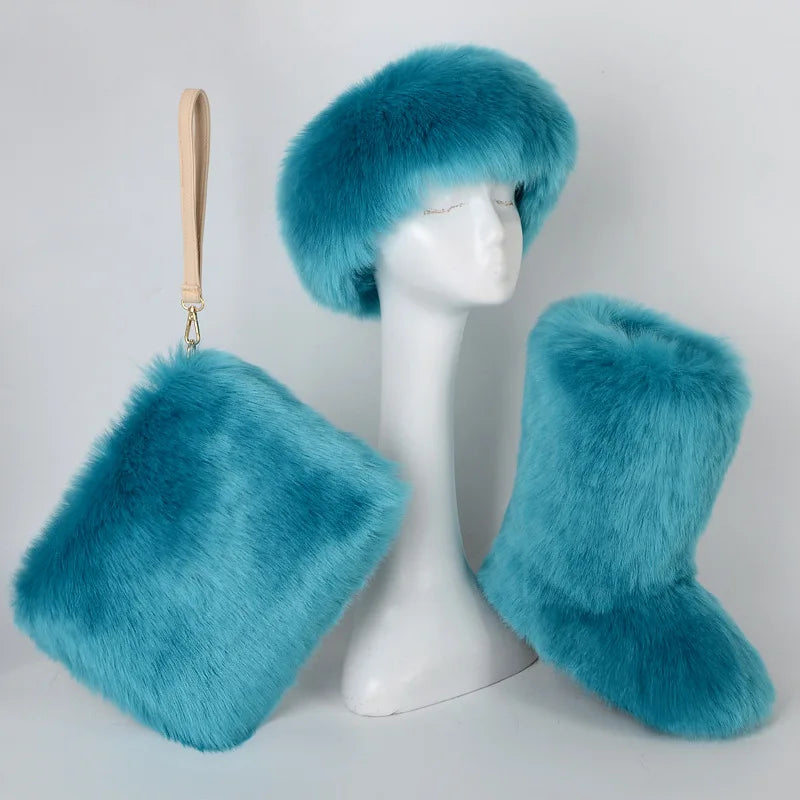 Fox Fur Snow Boots Headband and Handbag Set
