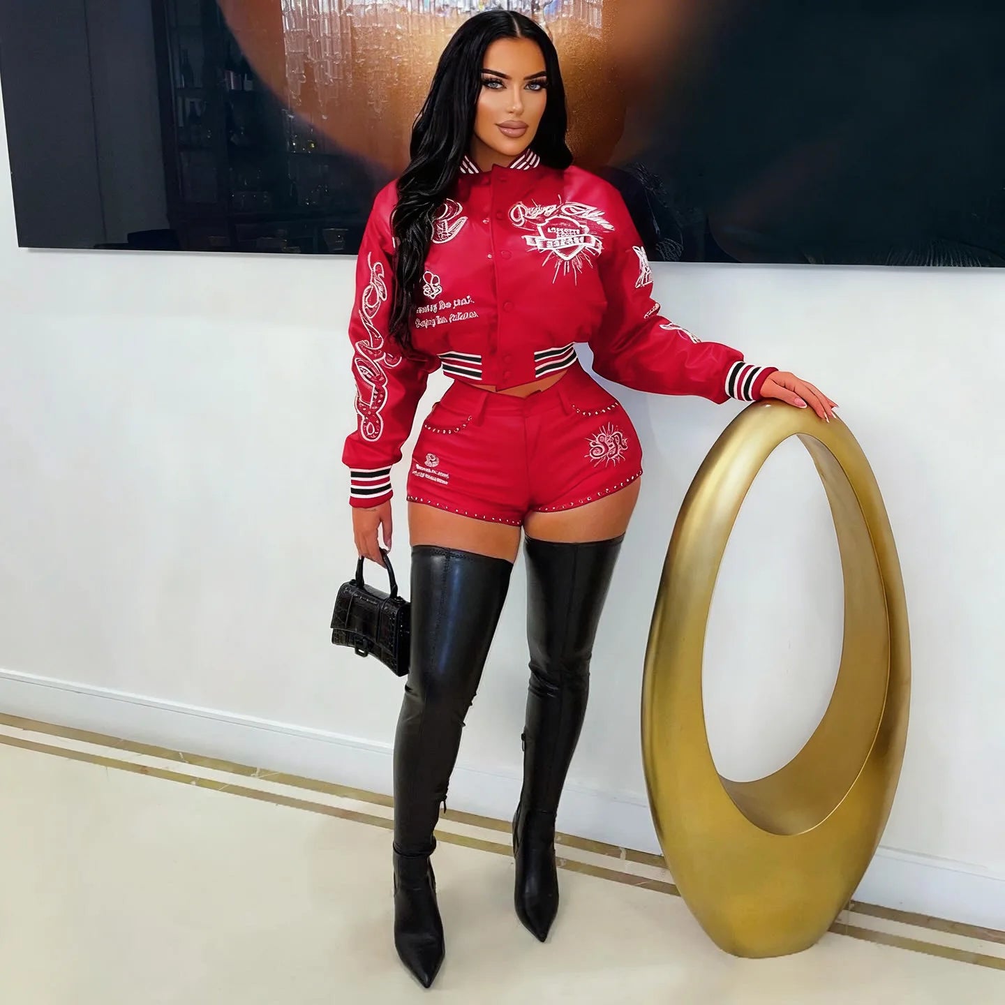 Moto Leather Crop Top and Shorts Set