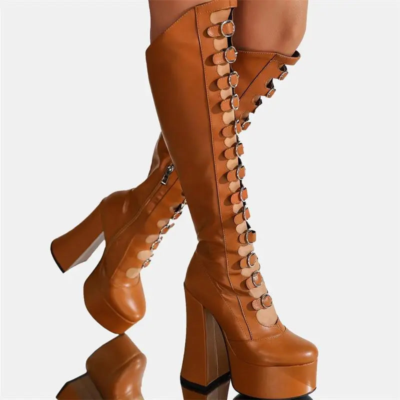 Punk Style Knee High Hollow Boots.