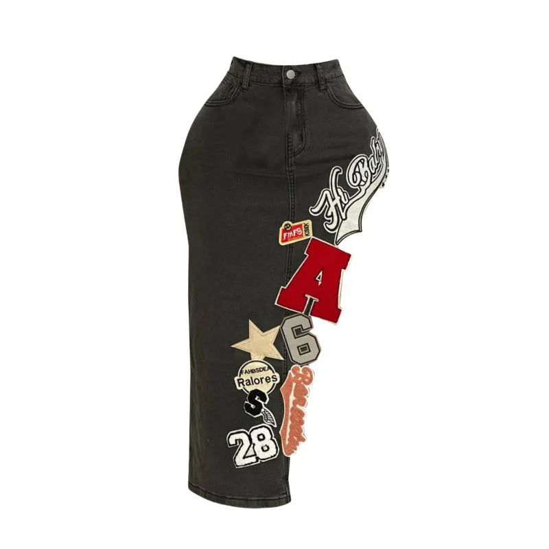 Graphic Letter High-Waisted Denim Skirt