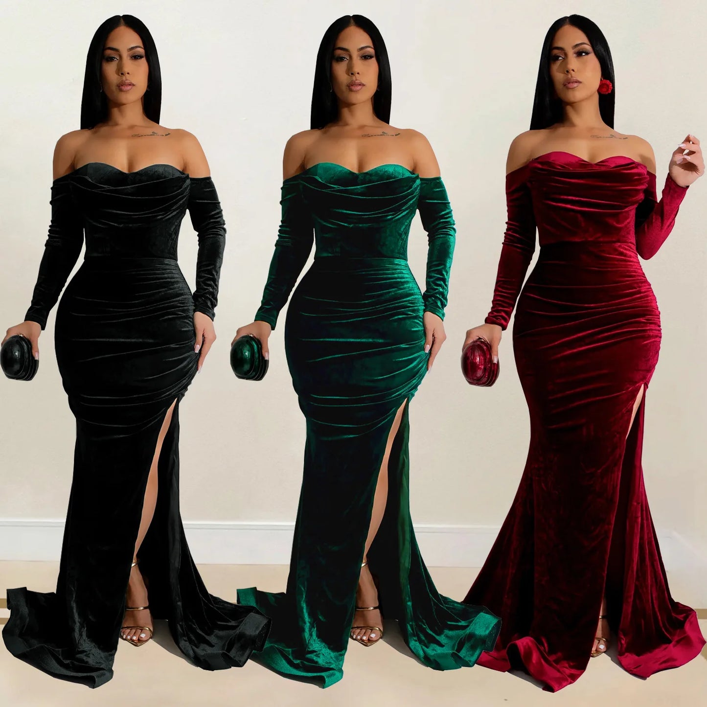 Velvet Off Shoulder Bodycon Maxi Dress.