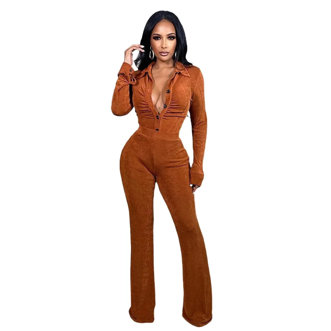 Ruche Button Crop Top and Flare Pants Set