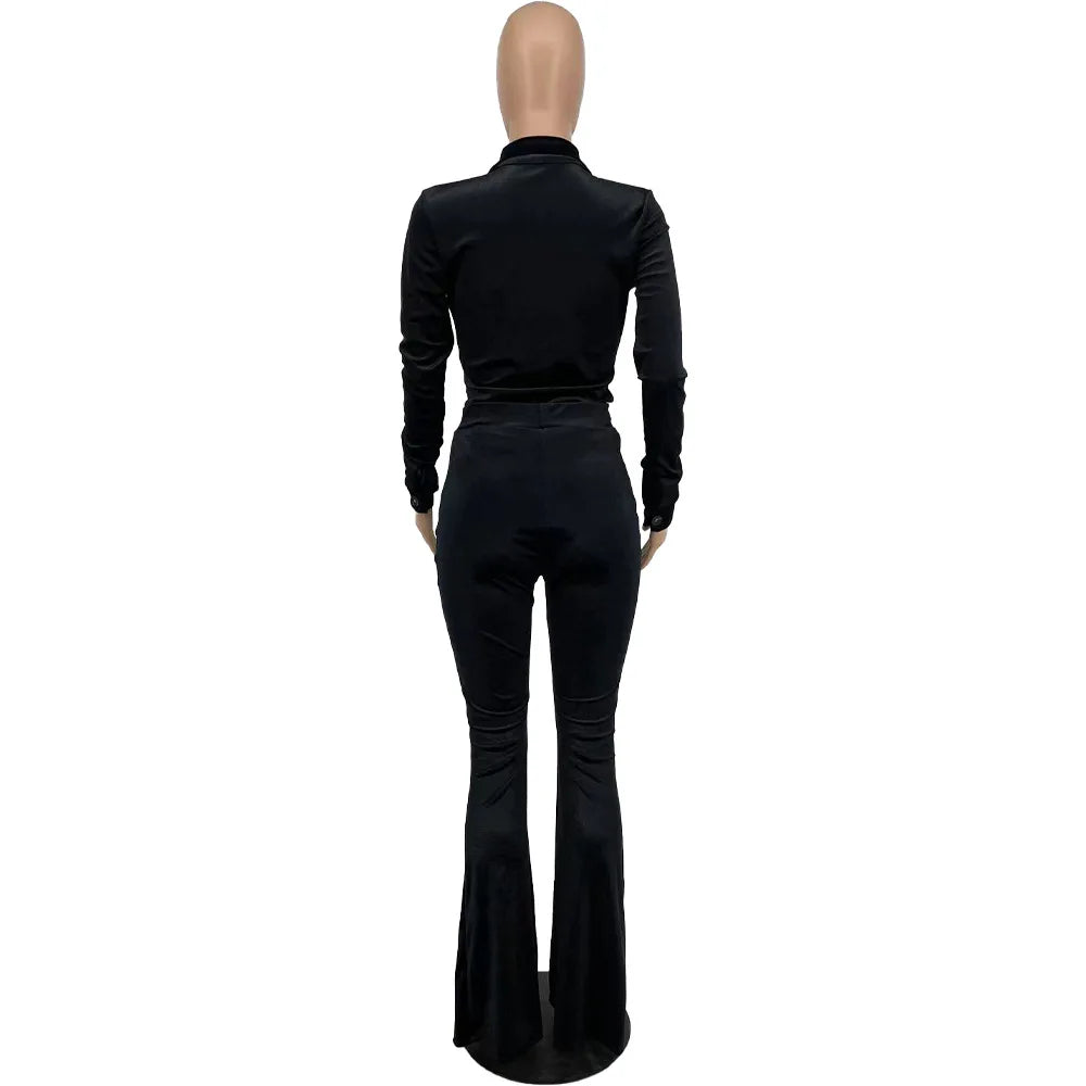 Ruche Button Crop Top and Flare Pants Set