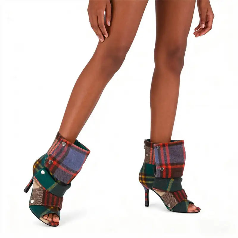 Slouch Pleated Plaid Ankle Boots