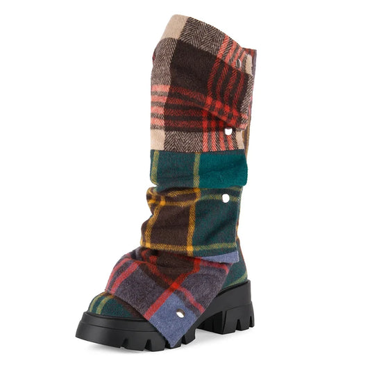 Plaid Platform Block Heel Pull-on Boots