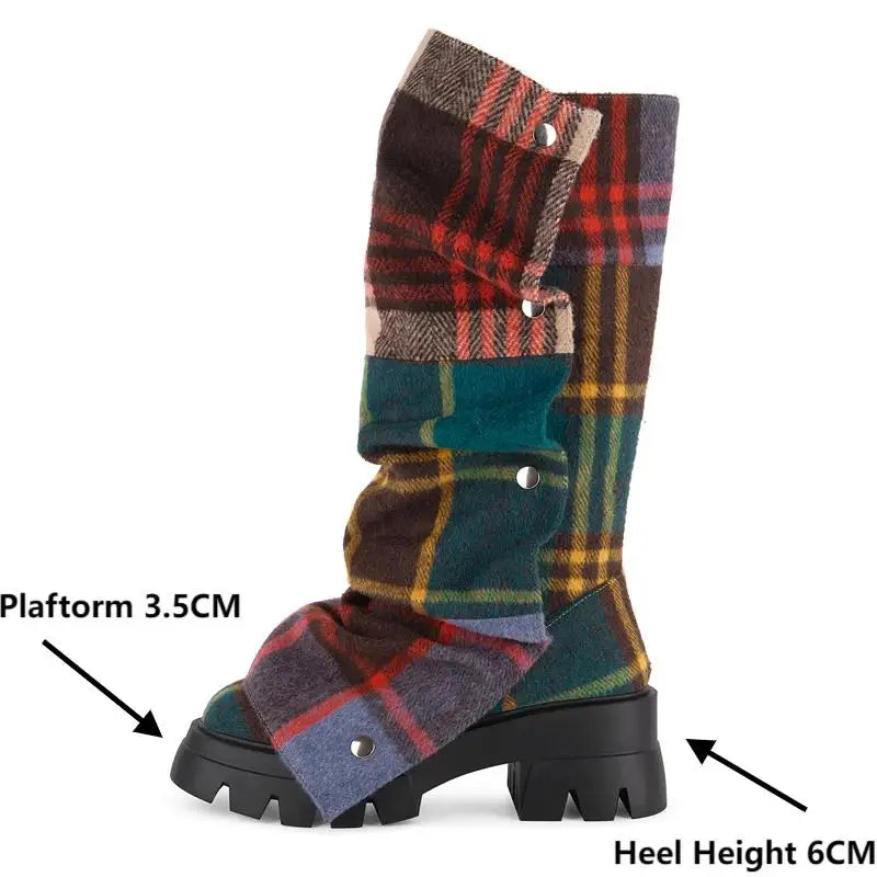 Plaid Platform Block Heel Pull-on Boots