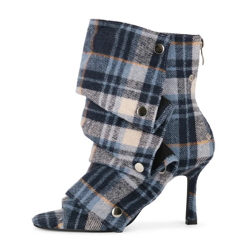 Slouch Pleated Plaid Ankle Boots