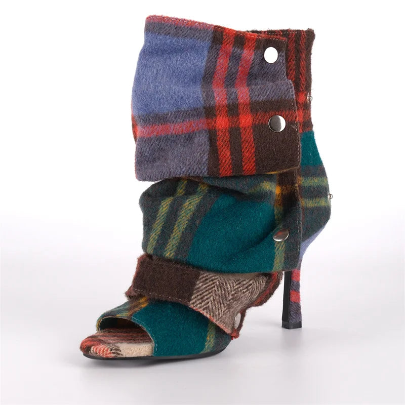 Slouch Pleated Plaid Ankle Boots