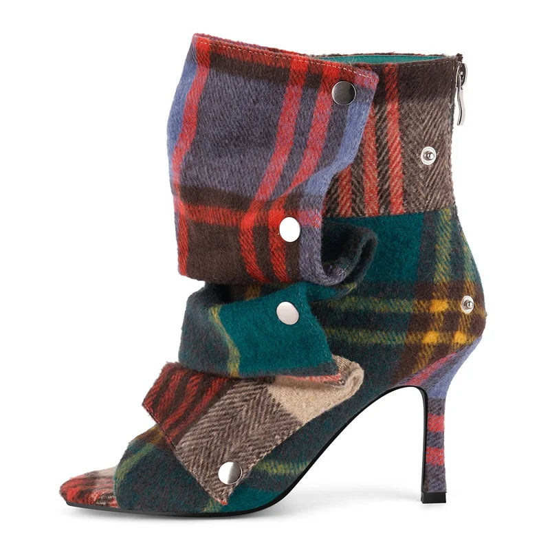 Slouch Pleated Plaid Ankle Boots