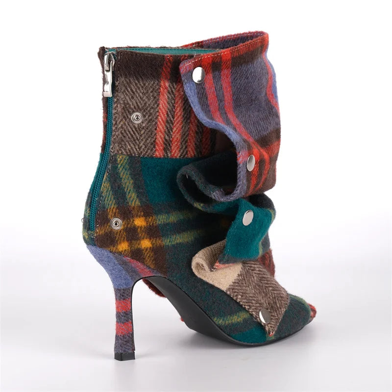 Slouch Pleated Plaid Ankle Boots