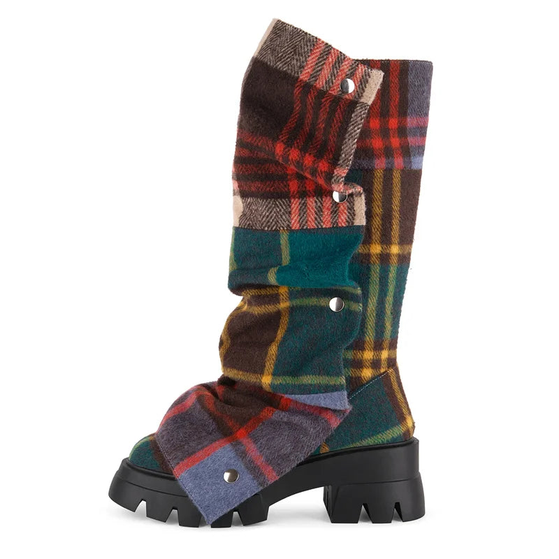 Plaid Platform Block Heel Pull-on Boots