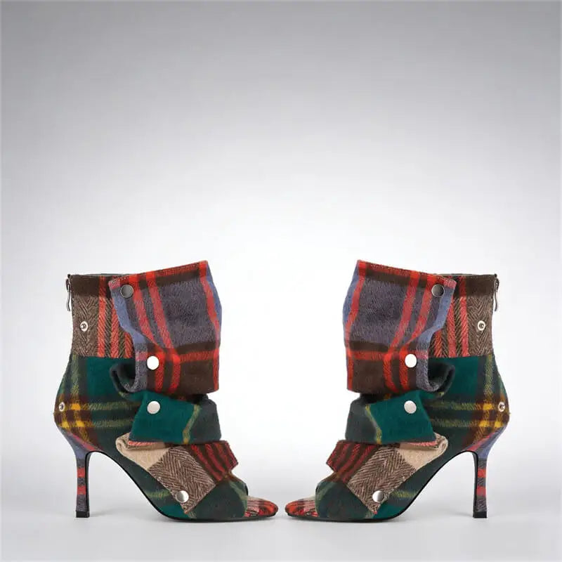 Slouch Pleated Plaid Ankle Boots