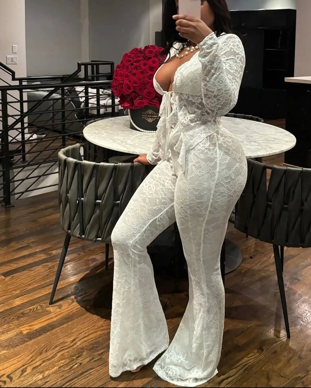 Ruffled Me Lace Top +flare Pants Set