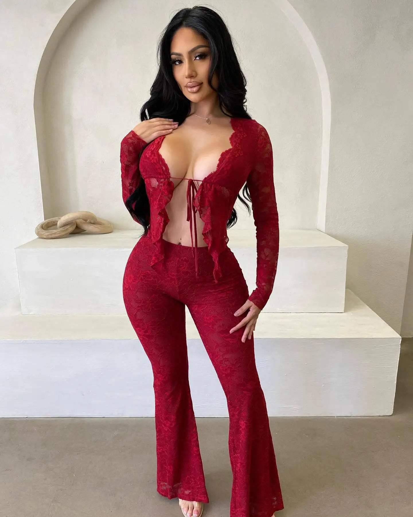 Ruffled Me Lace Top +flare Pants Set