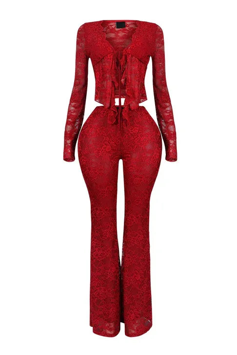 Ruffled Me Lace Top +flare Pants Set