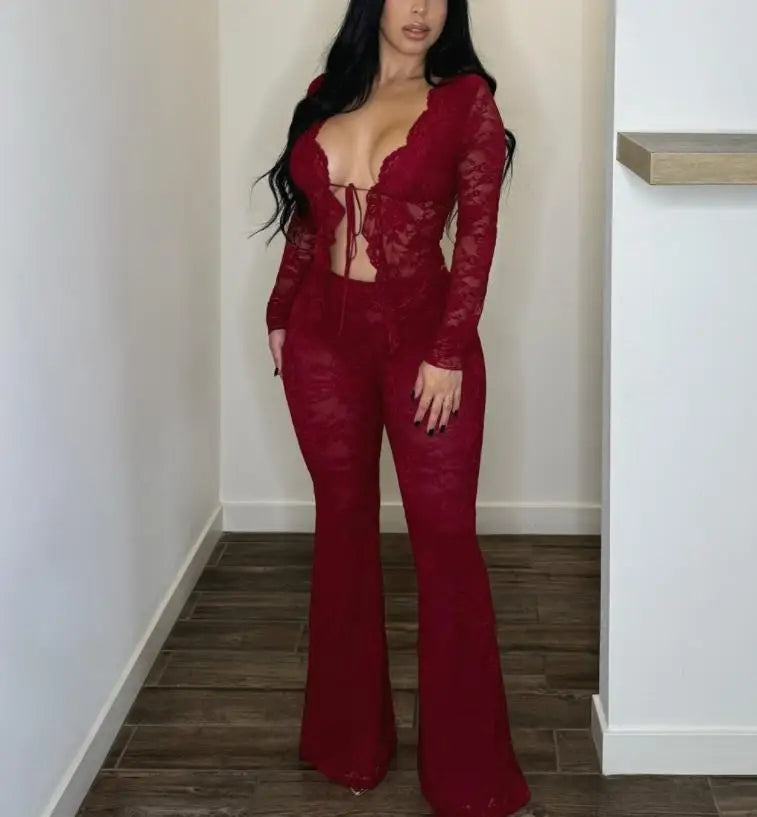 Ruffled Me Lace Top +flare Pants Set