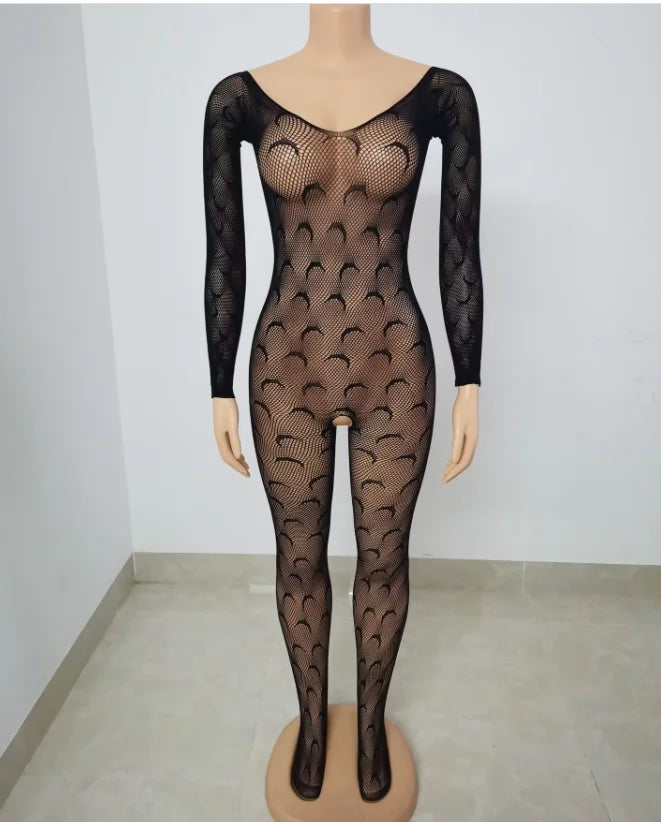 Fishnet Mesh See-Through Bodycon Jumpsuit