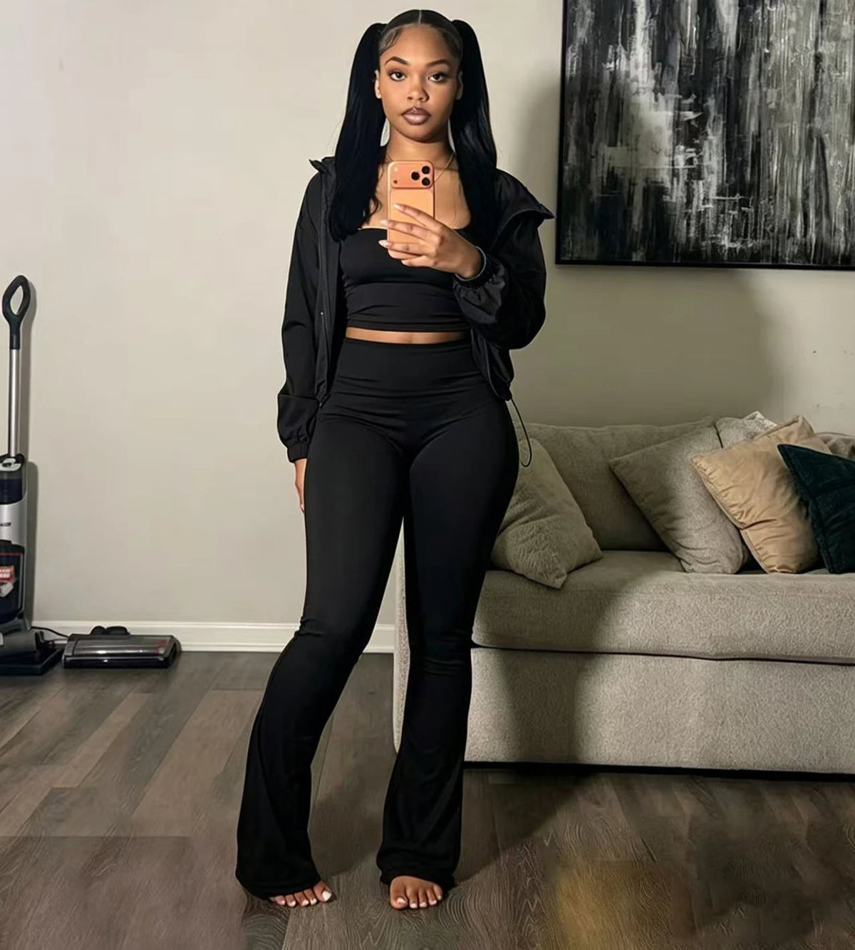 Sporty Drawstring Jacket and Pants Set