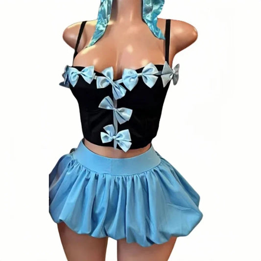 Sweet Bow Puffy Mini Skirt and Corset top