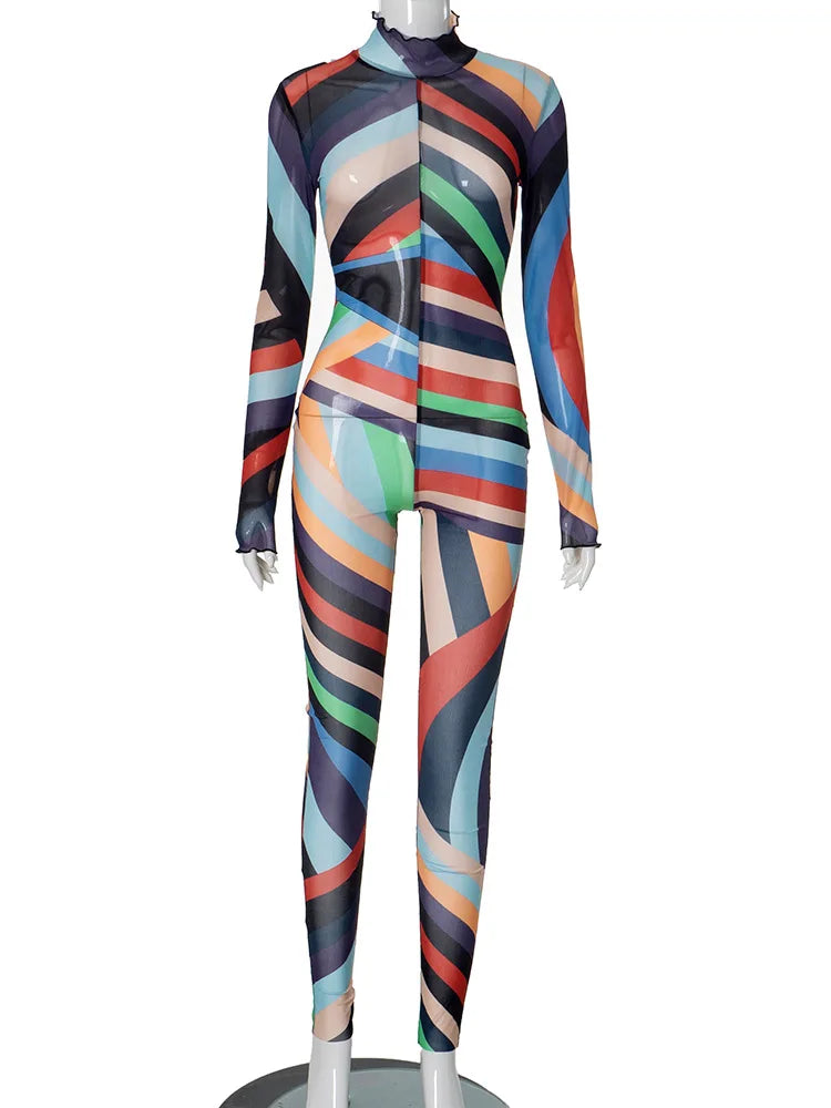 Mesh Striped Bodycon Jumpsuit.