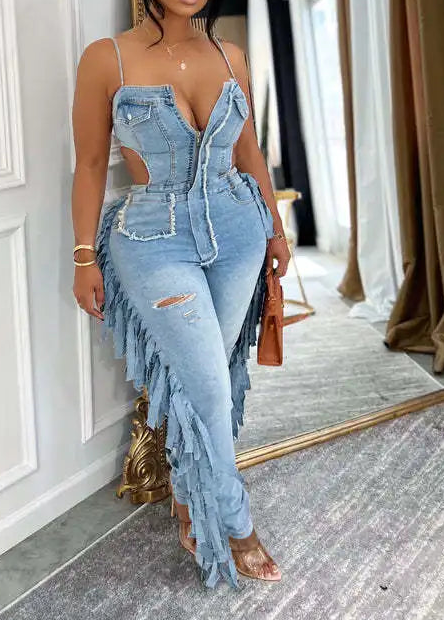 Hollow Out Tassel Jeans Jumpsuit