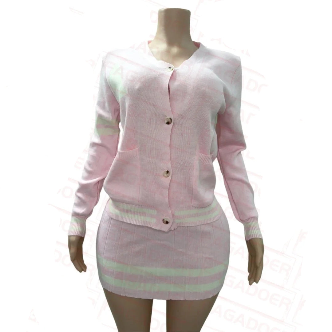 Knit Stripe Two-Piece Cardigan Top and Pleated Skirt Set.