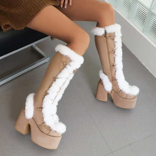 Lolita Fur Chunky Block Heel Boots